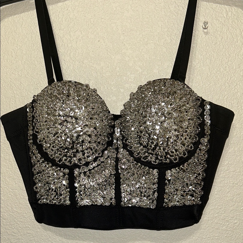Elegant Black and Silver Embellished Bustier